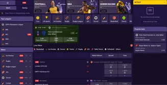 SpinBet betting dashboard showing live matches, odds, sports categories, and popular bets including Paris Saint-Germain vs. Inter Milan